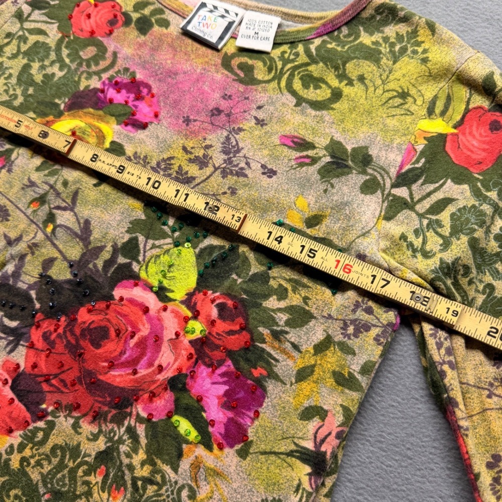 Take Two Clothing Co Womens Floral Beaded Cotton Long Sleeve Top Boho Grandma M - Picture 3 of 7